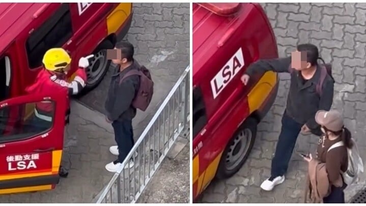 Page長洲有男子一度阻礙消防車出入，更與一名消防員互相對罵，及後消防車駛走，男子曾拍打車輛。(Threads)