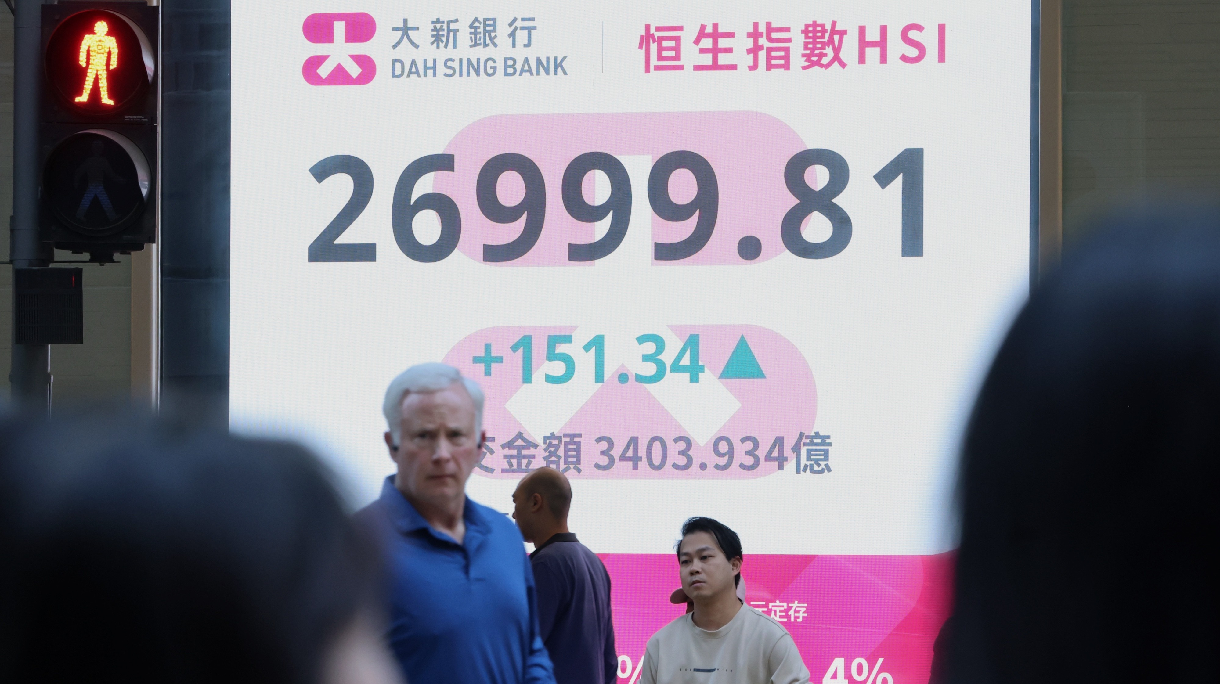 恒指最終升151點，收報29,999點。(中通社)