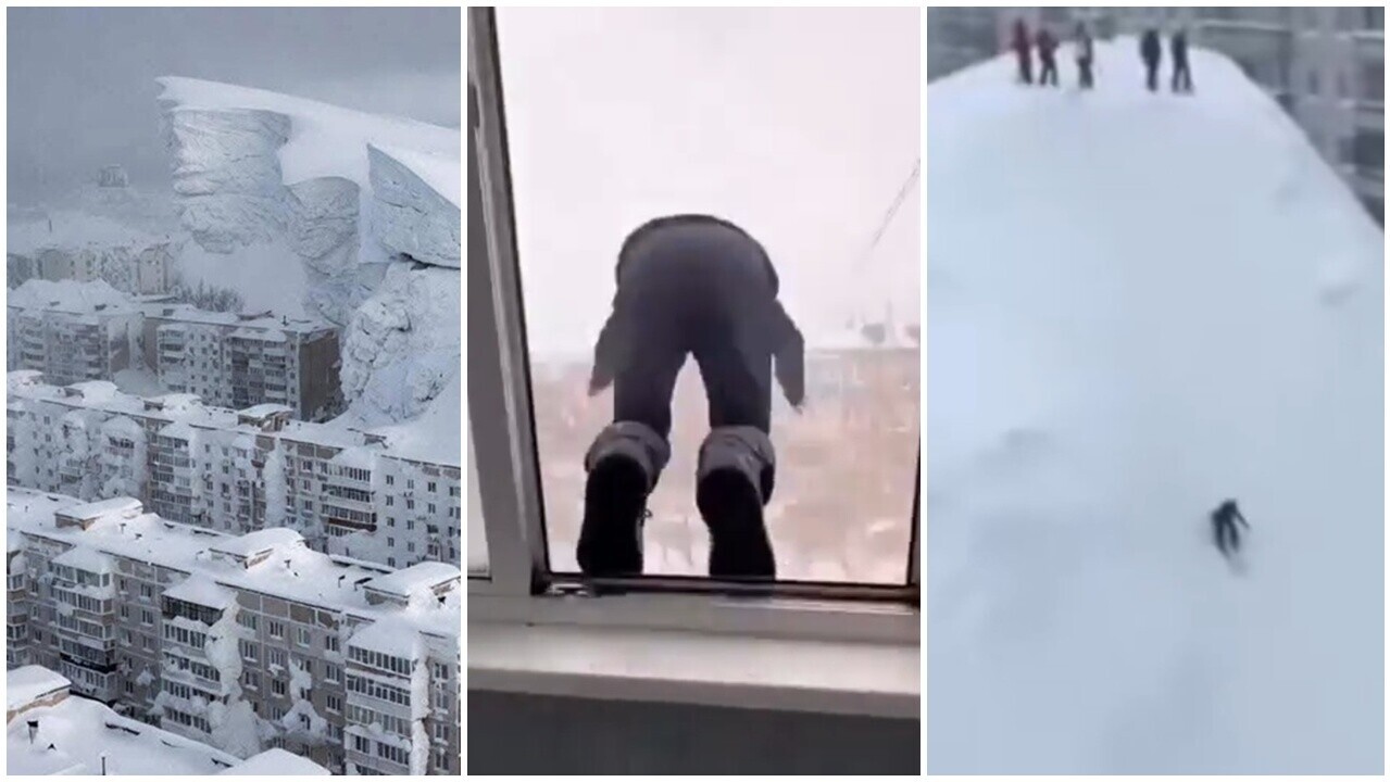 俄堪察加半島暴雪侵襲，居民苦中作樂大玩滑雪、「跳樓」。(X)