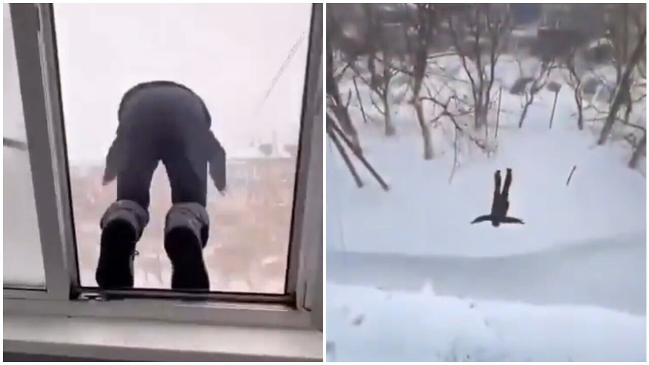 俄堪察加半島暴雪侵襲，居民苦中作樂大玩滑雪、「跳樓」。(X)