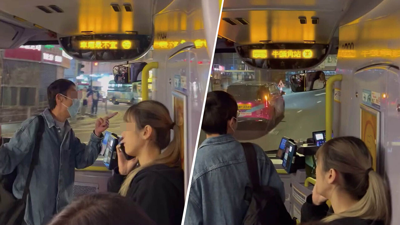 有巴士乘客指控一名車長在觀塘裕民坊飛站，片段顯示一名男子指罵初期落車鐘未有亮着。(網上影片截圖)