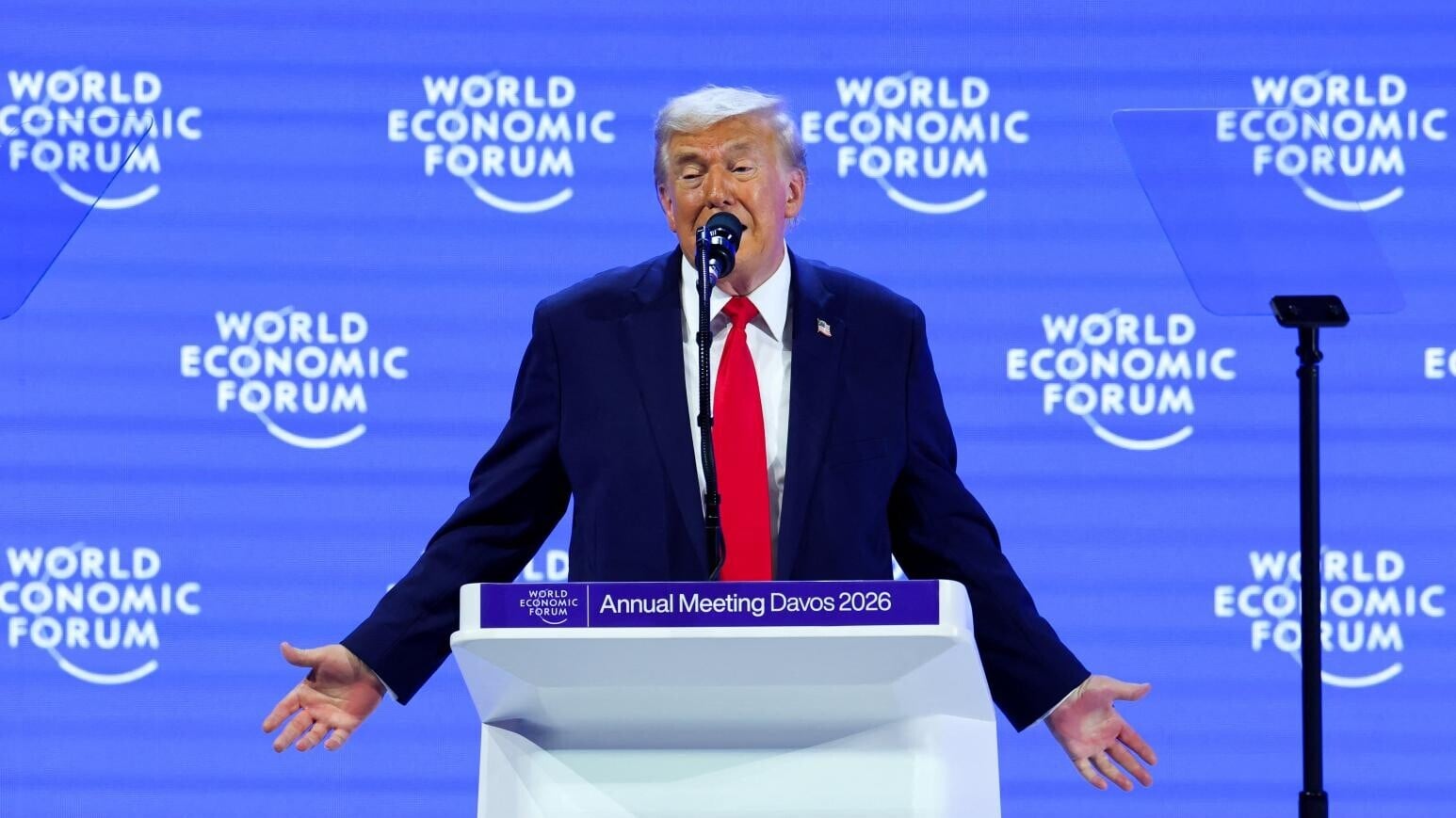 特朗普出席達沃斯世界經濟論壇發表演說。（圖／路透）