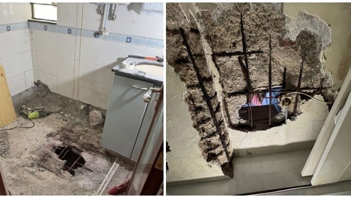 屋宇署表示有一個私人住宅單位在裝修期間，鑿穿了浴室的地台樓板，影響下層單位(屋宇署fb)