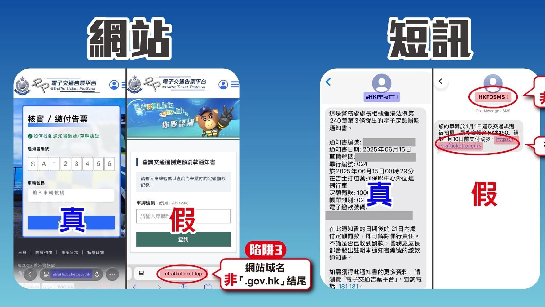 偽冒「電子告票平台」短訊再現，警籲提高警覺。(政府新聞處)