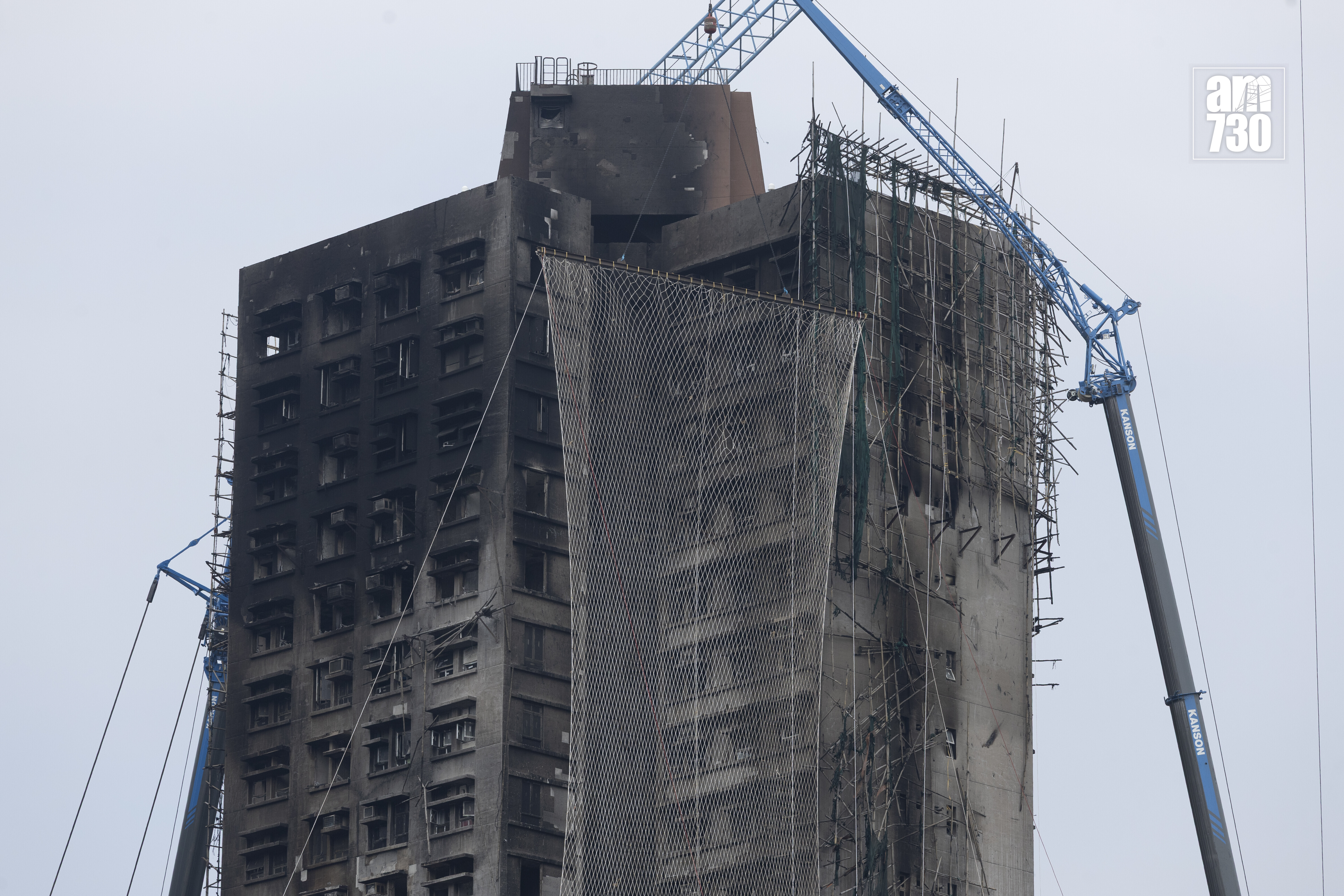 大埔宏福苑五級大火後樓宇情況。(蘇文傑攝)