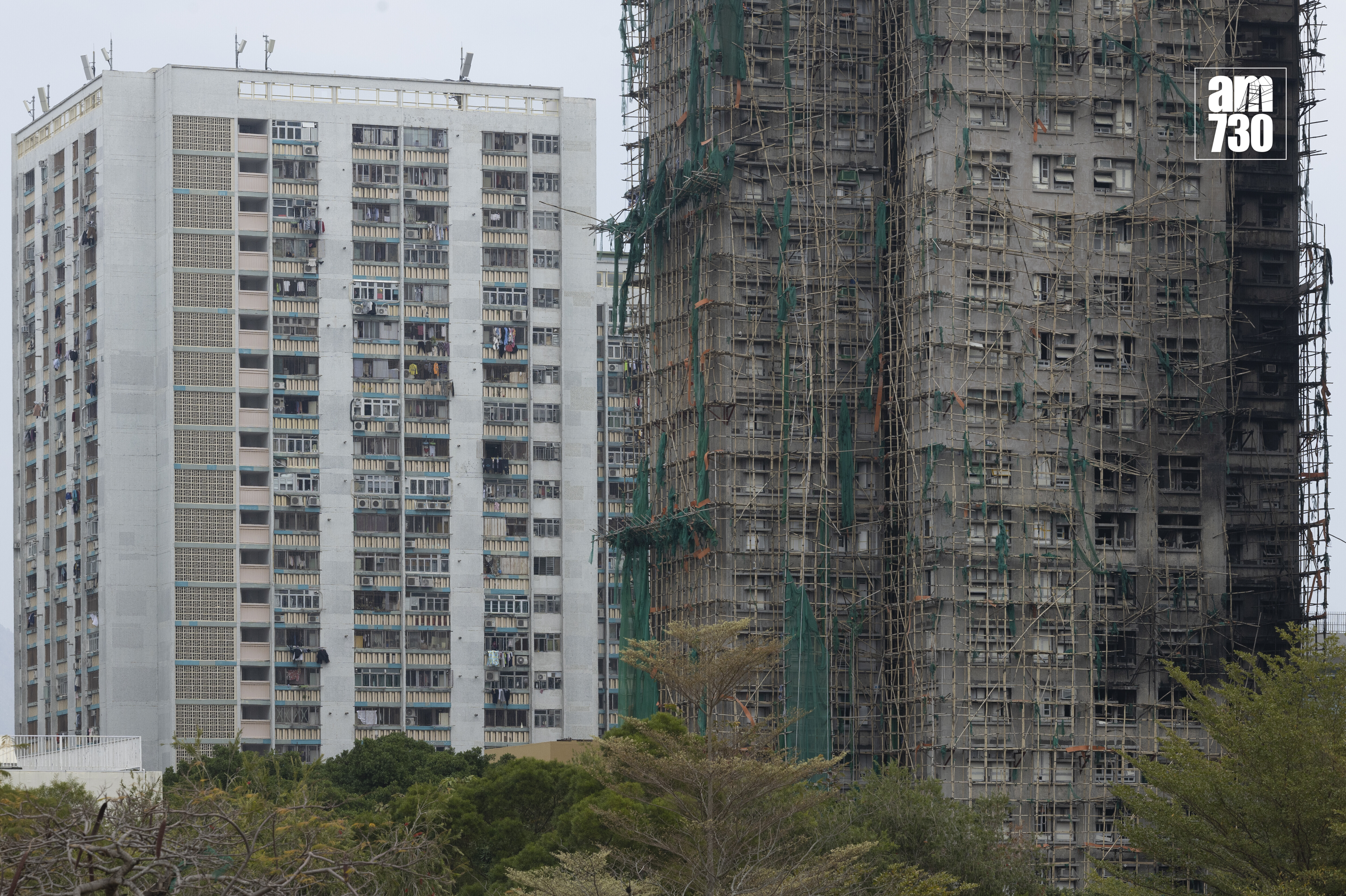 大埔宏福苑五級大火後樓宇情況。(蘇文傑攝)