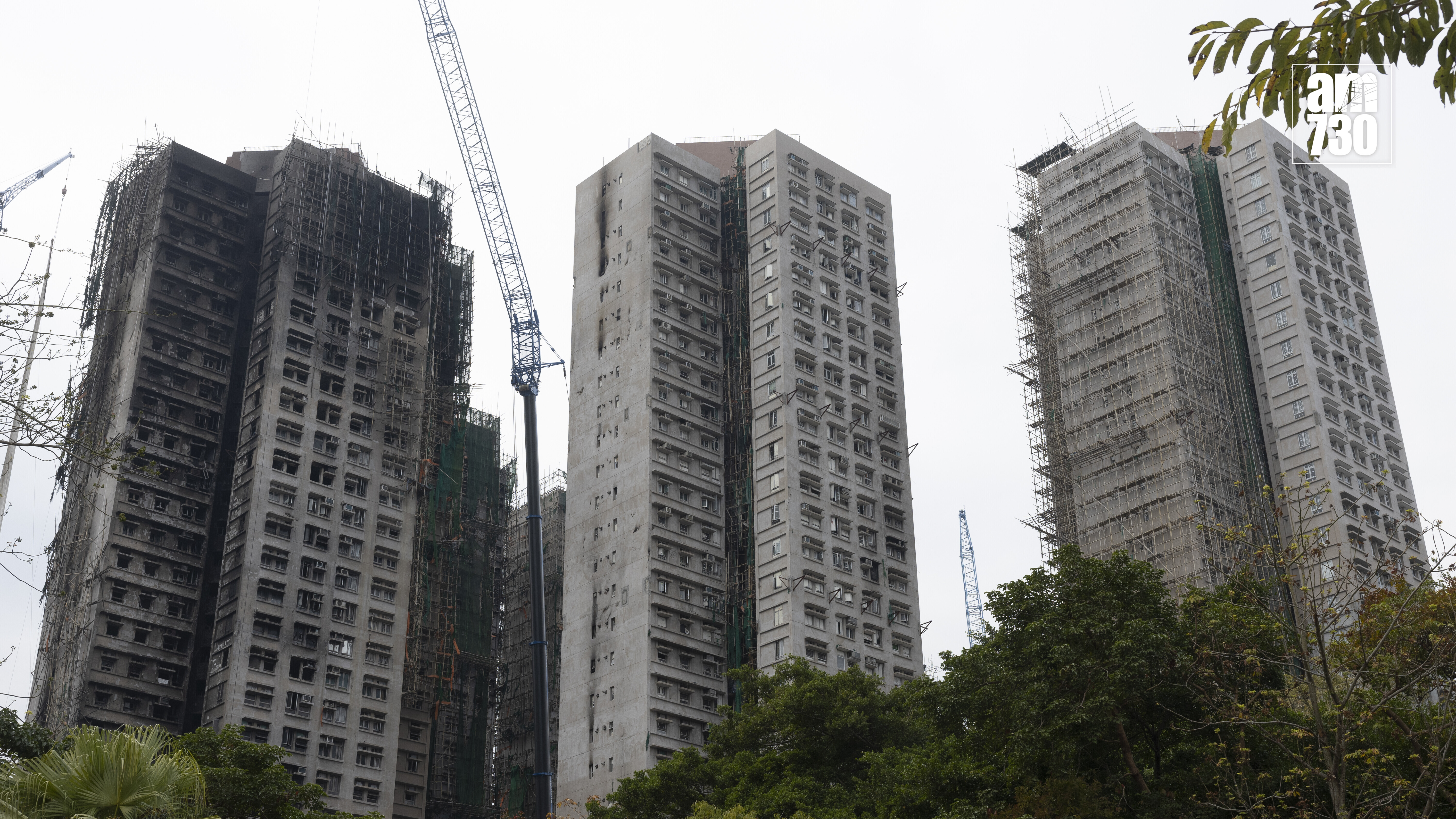 大埔宏福苑五級大火後樓宇情況。(蘇文傑攝)