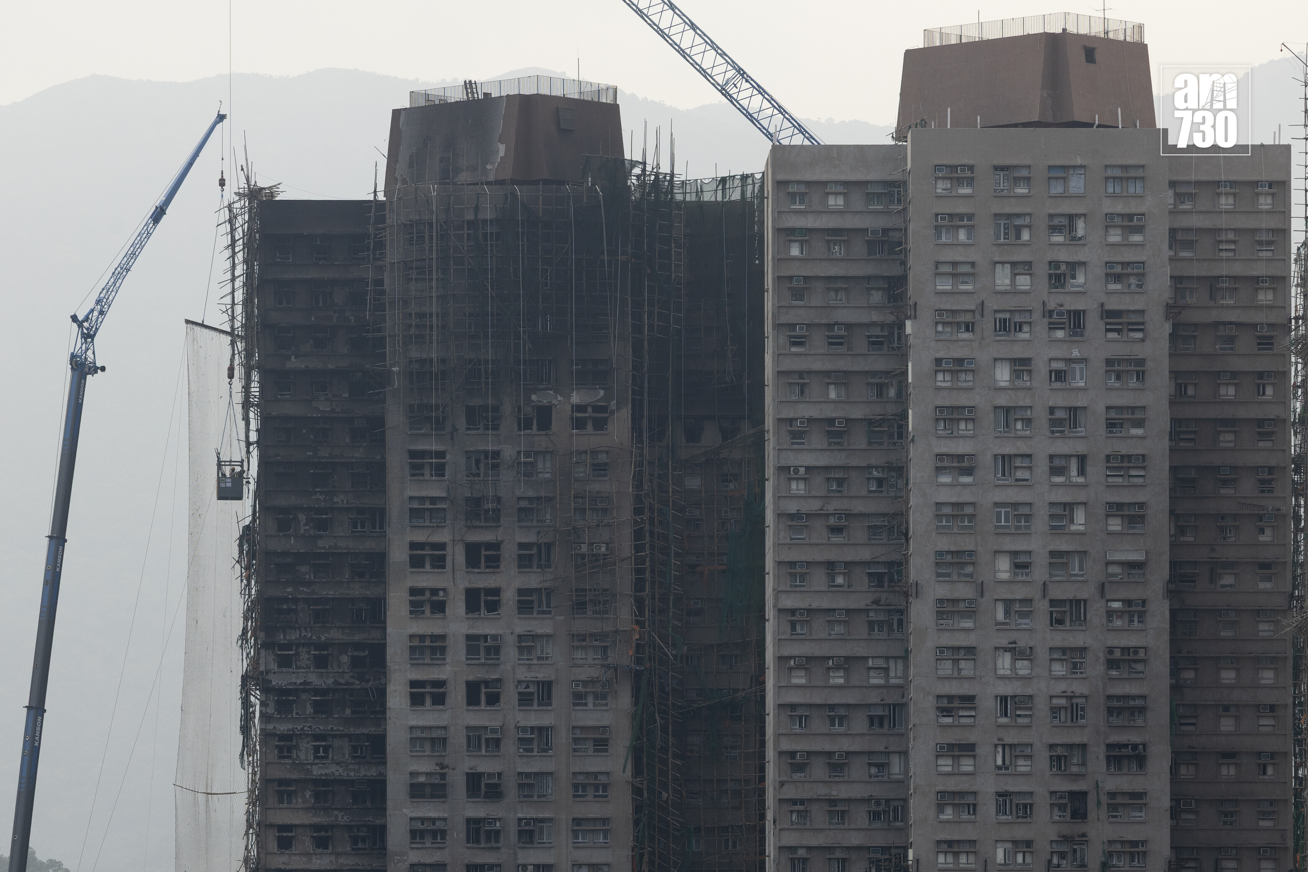 大埔宏福苑五級大火後樓宇情況。(蘇文傑攝)