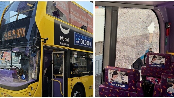 一輛路線970X城巴於西區海底隧道往九龍方向的轉車站埋站時，上層左側最前的一塊車窗玻璃突爆裂。(am730記者攝/Threads)