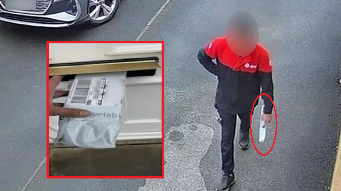 閉路電視拍到速遞員由抵達到離開，手裡一直拿著iPhone，根本沒有派送，但卻拍了照片，訛稱iPhone已放進事主信箱。(互聯網)