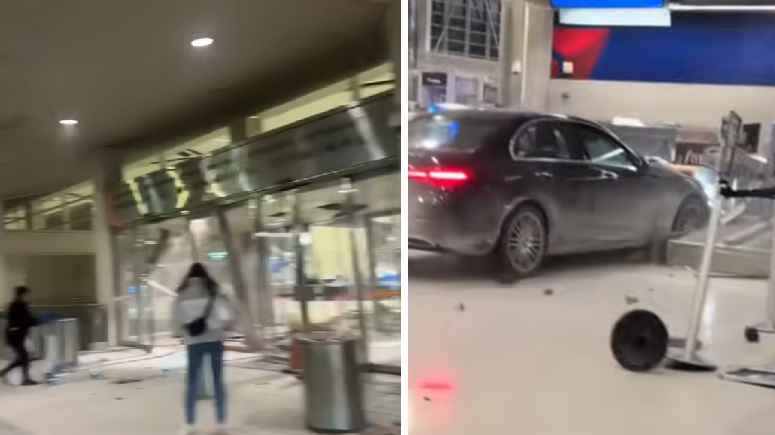 汽車衝進底特律機場客運大樓，撞向達美航空登機櫃位造成6傷。(互聯網)