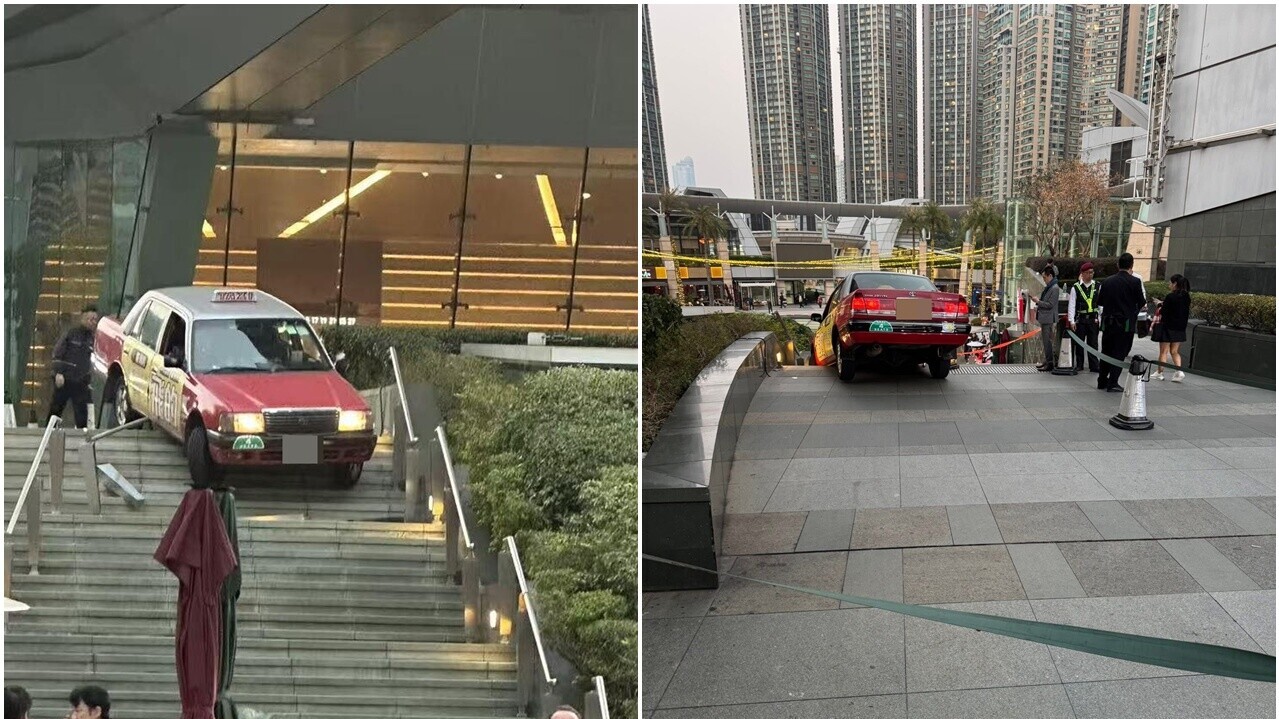 尖沙咀的士失控衝落樓梯 車身懸空卡樓梯頂 (網上圖片)