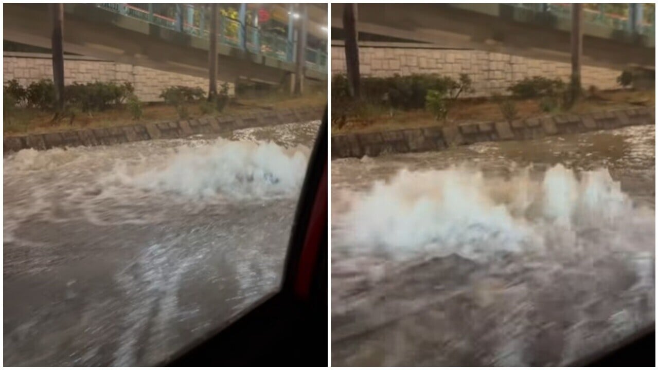 沙頭角公路爆水管，駛經車輛如陸上行舟。(FB/ 北區之友 Friends of North District)