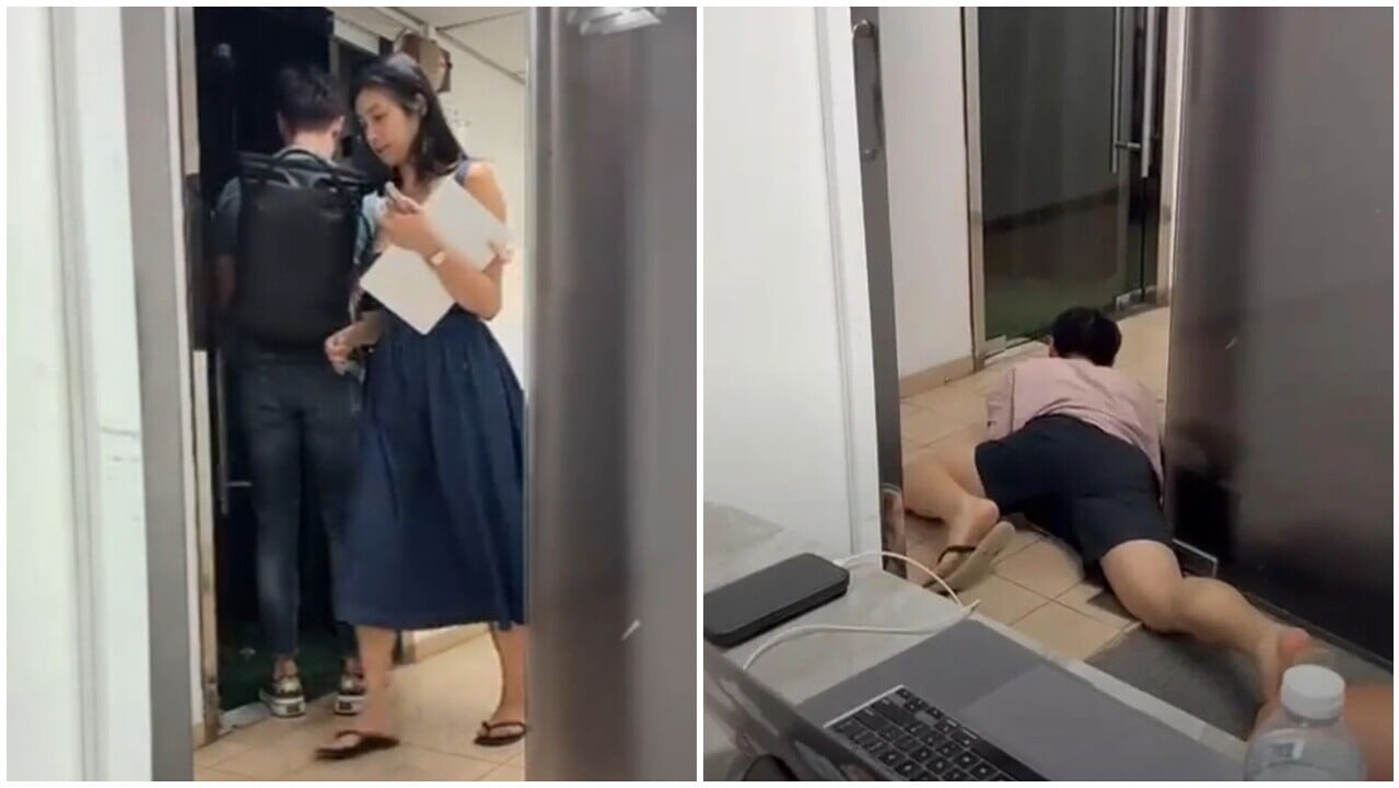 新加坡CEO偷食網紅下屬呻吟聲傳辦公室，有人趴地偷窺成亮點。(Reddit)