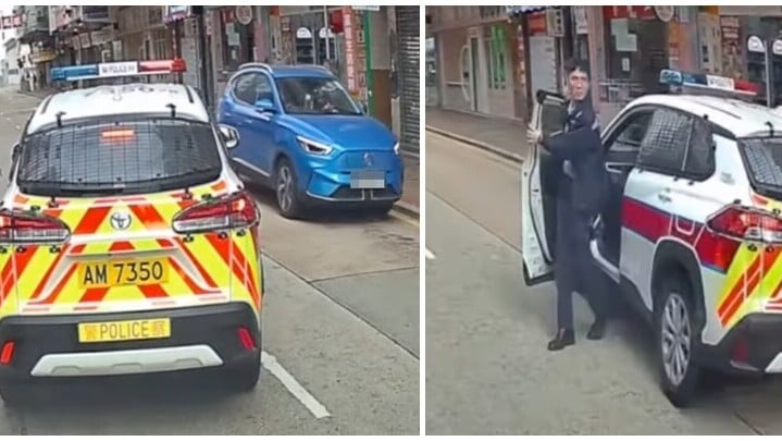 深水埗私家車逆線行駛，司機駛至警車旁時一度停車打開車窗，惟及後繼續向前行駛；兩名警員先後落車，並追向已駛離私家車(車cam特警YouTube)