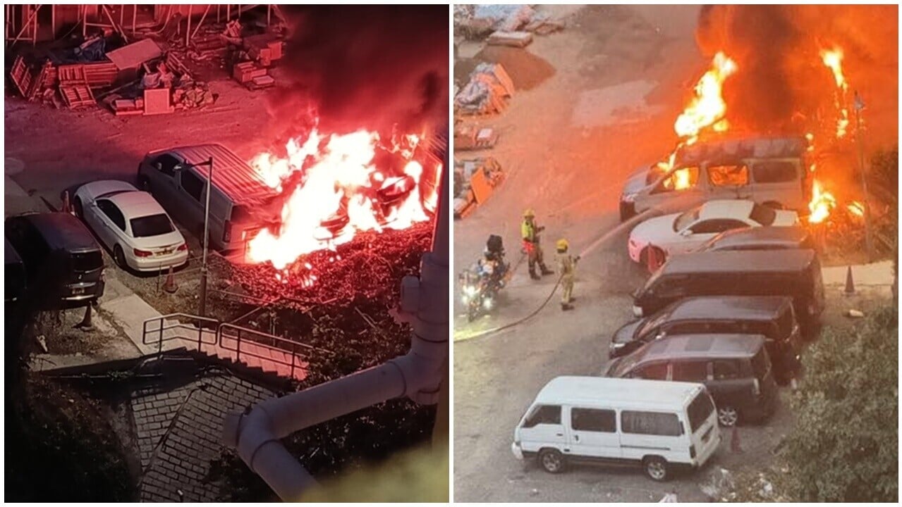屯門路寶塘下村多輛私家車起火，成因有待調查。(FB/和田邨關注組)