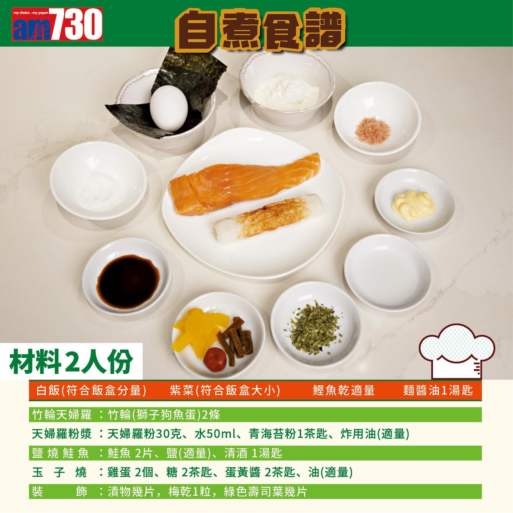 帶飯食譜︱鮭魚紫菜便當材料及做法。(am730製圖)