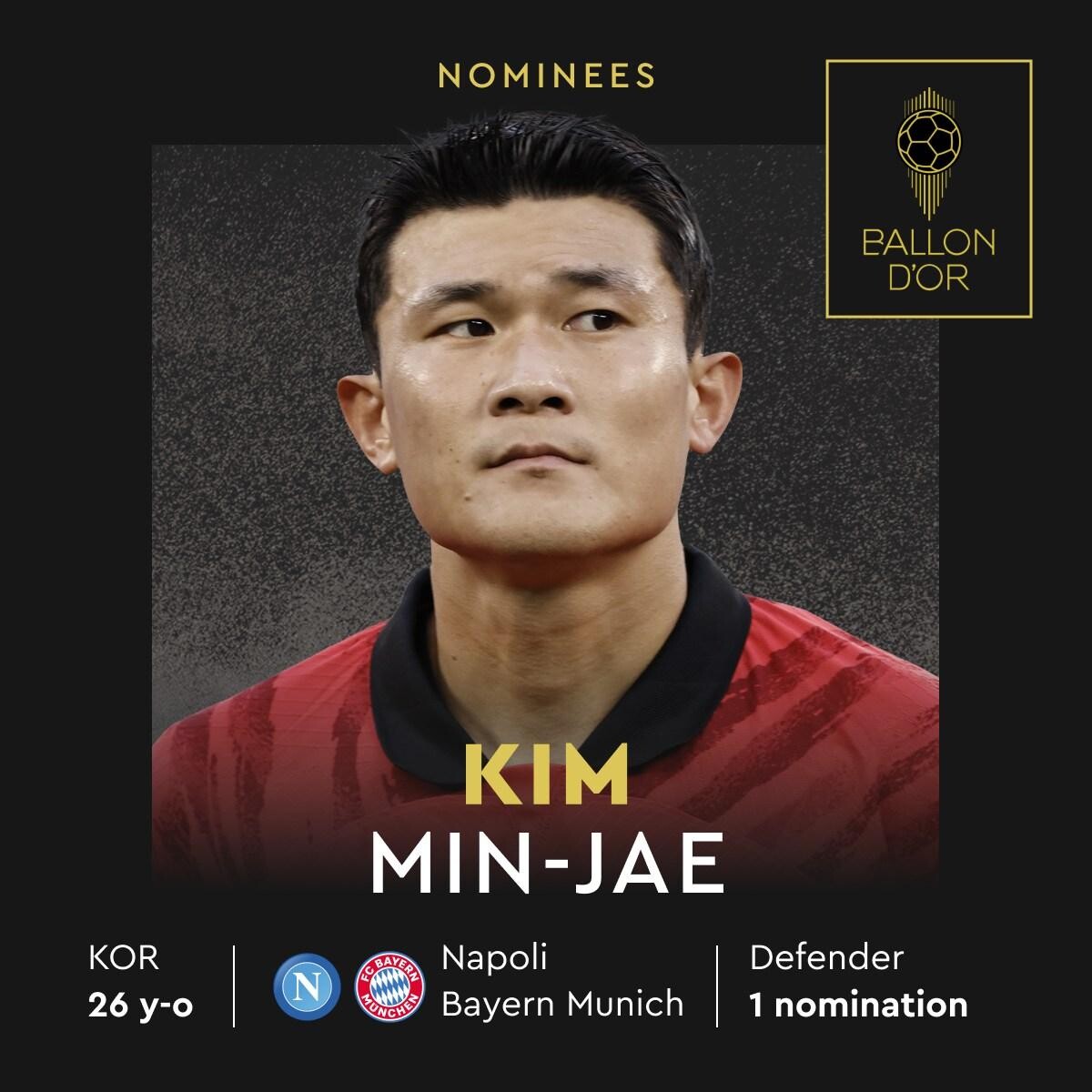 金球獎2023｜金玟哉（拜仁慕尼黑、南韓）列入圍名單。（France Football FB）