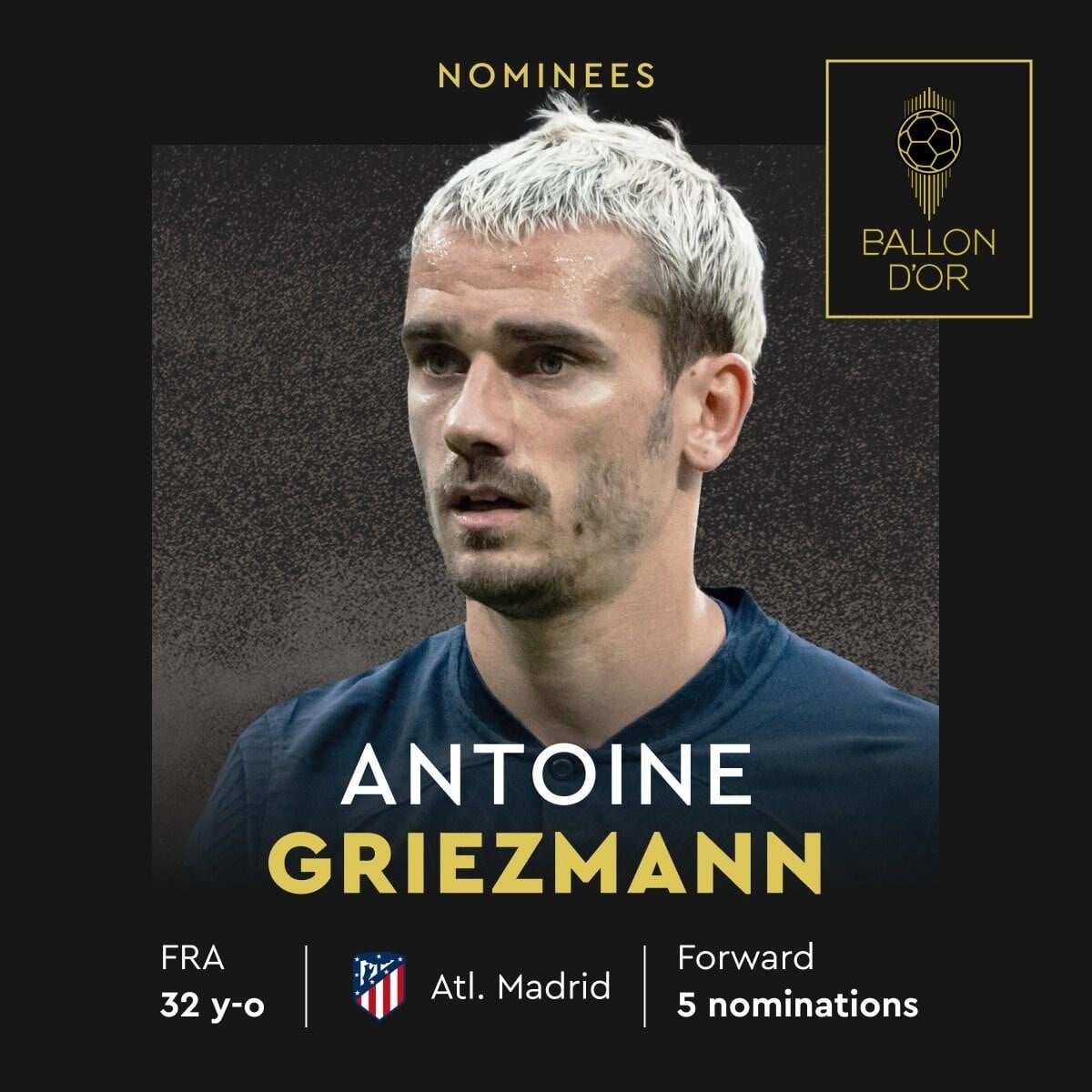 金球獎2023｜基沙文（馬德里體育會、法國）列入圍名單。（France Football FB）