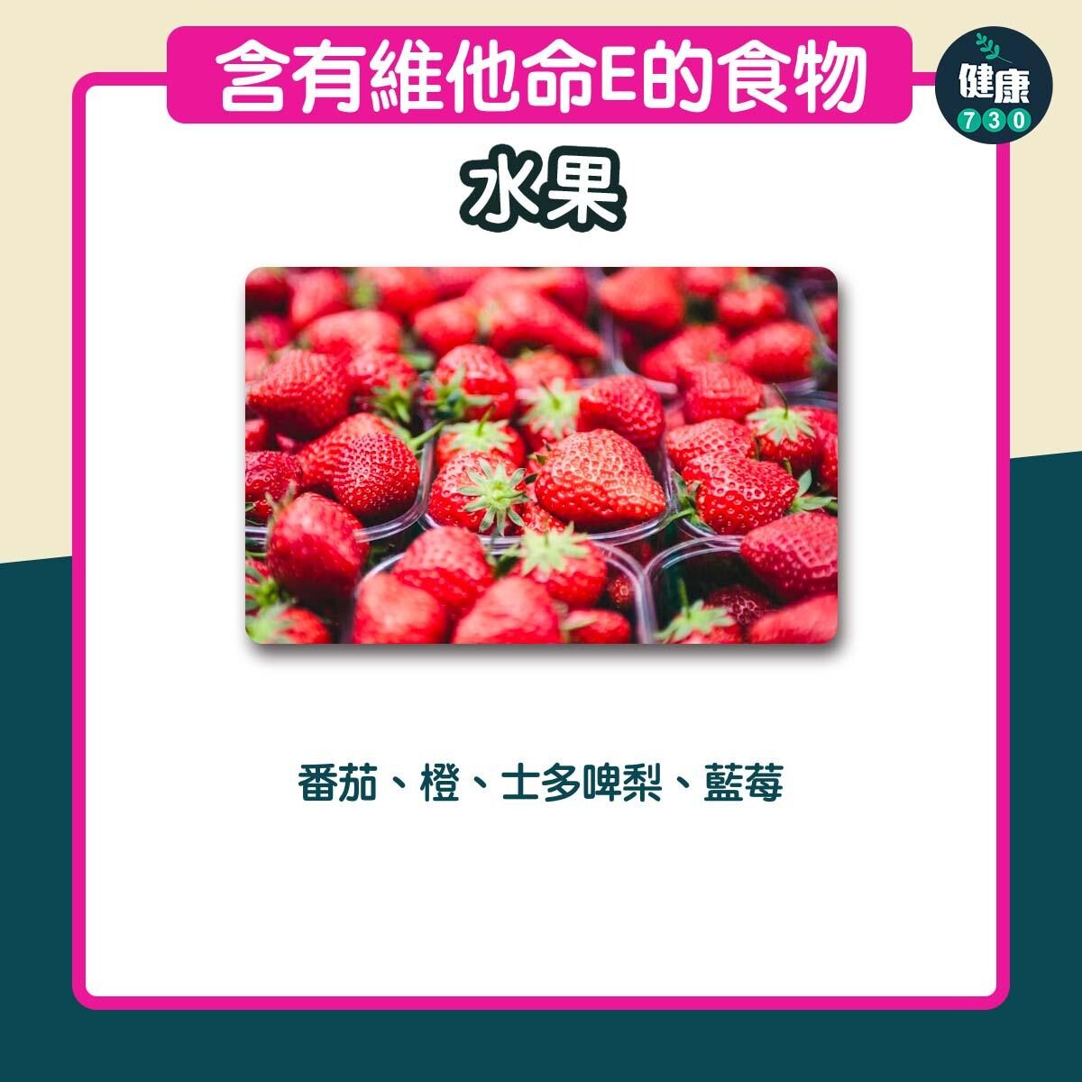 含有豐富維他命E食物｜橙、士多啤梨等水果（am730製圖）