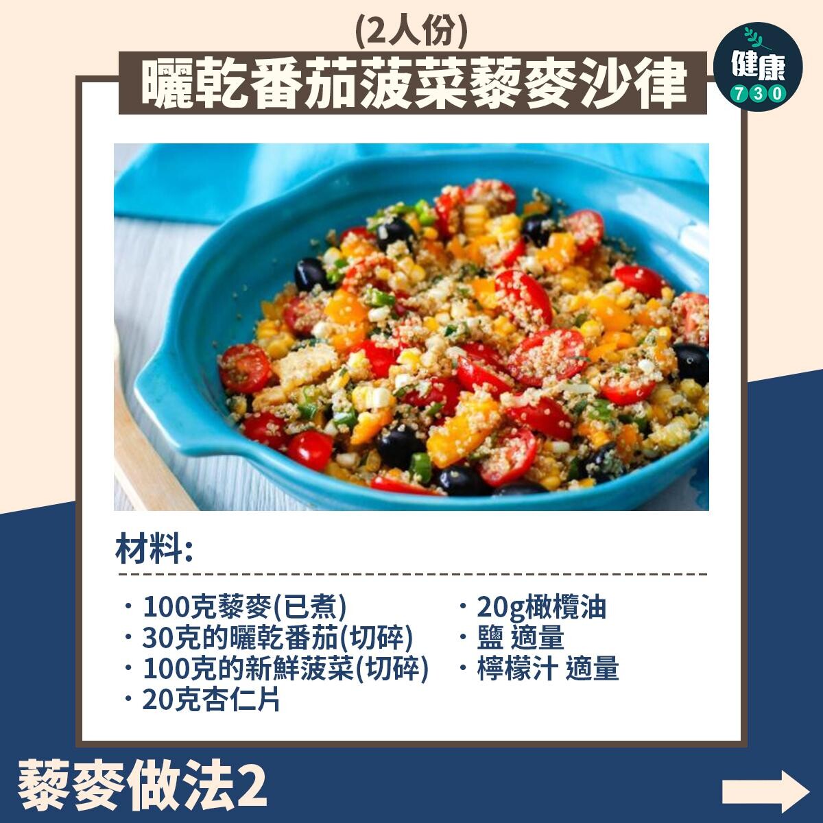 藜麥食譜｜曬乾番茄波菜藜麥沙律（am730製圖）