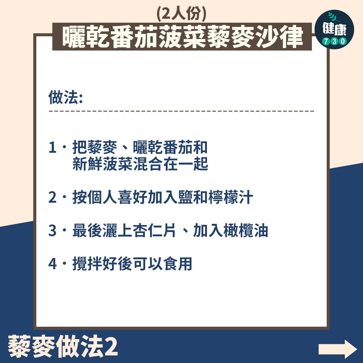 藜麥食譜｜曬乾番茄波菜藜麥沙律（am730製圖）