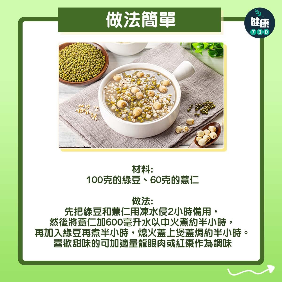 綠豆薏仁茶功效去水祛濕。（am730製圖）