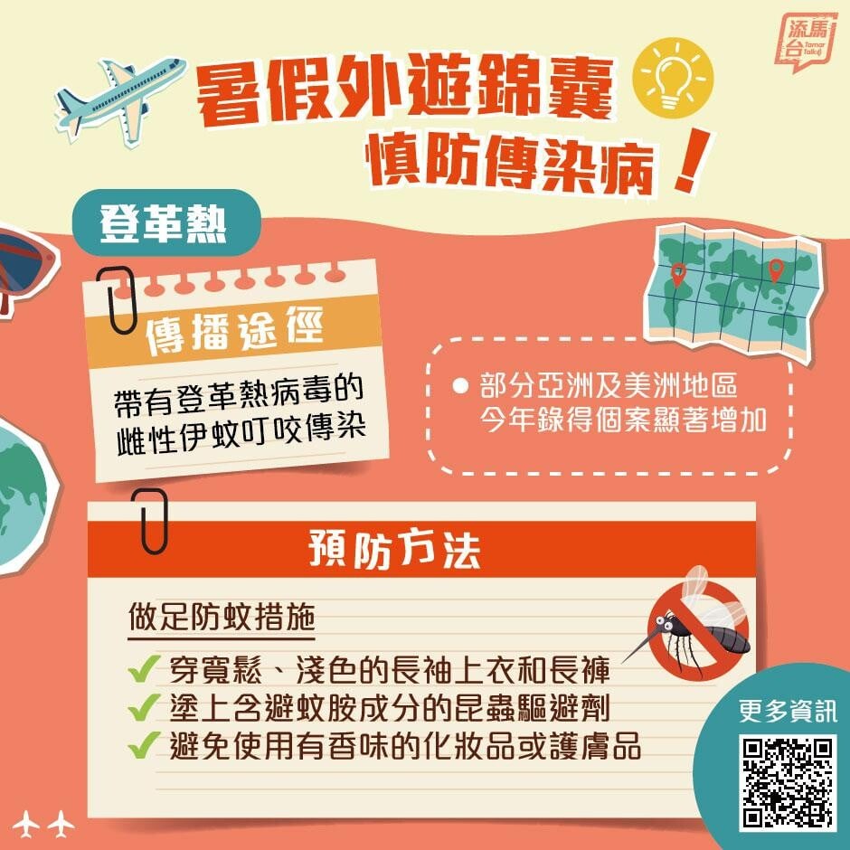暑假外遊慎防傳染病|登革熱預防方法。(添馬台FB)