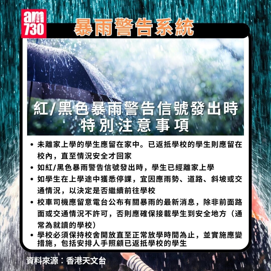黃雨紅雨黑雨｜紅/黑色暴雨警告信號發出時，特別注意事項。（am730製圖）