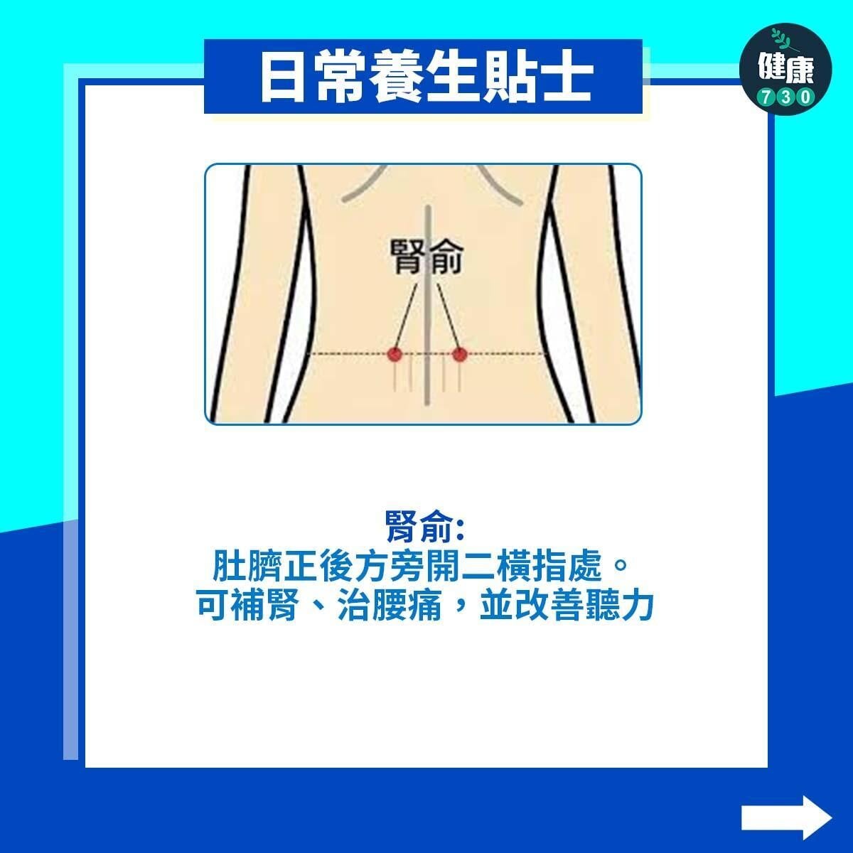 日常養生貼士，腎俞：肚臍正後方旁開二橫指處。可補腎、治腰痛，並改善聽力（am730製圖）