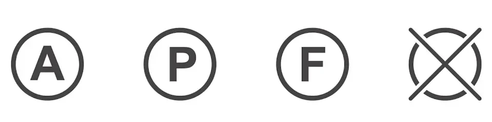 「A」代表可用任何溶劑乾洗,「P」表示可使用過氯化物、打火機油、純酒精或R113等進行乾洗,「F」則為飛機燃料、純酒精或R113乾洗