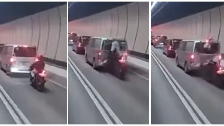 大老山隧道發生交通意外，電單車直撞客貨車，鐵騎士撞爆玻璃直插車廂內。(車cam L（香港群組）fb)