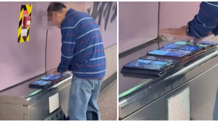 銅鑼灣站一位男長者在月台開了多部手機「一字排開」玩《Pokémon GO》，期間施展「摩打手」。(Threads)