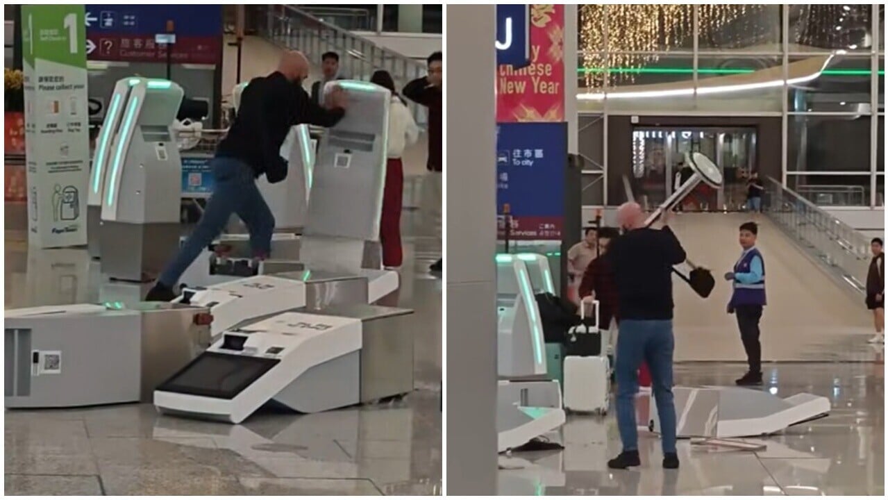 英漢大鬧機場毀多部自助登記設施，涉兩罪被捕。(FB/日本旅人 旅遊購物美食情報)
