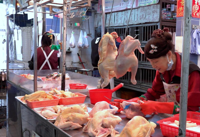 雞檔檔主玲姐表示,部分熟客離港外遊,但都有客人訂貨,每名客人買1至4隻新鮮雞不等。(港台圖片)