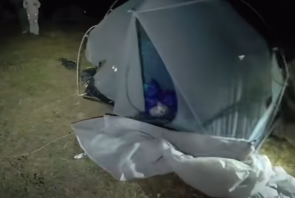 一隻野豬於黑夜闖入營地直衝帳篷將其撞翻,在場人士受驚以普通話驚呼,其中一名女子蹲地痛哭。(香港突發事故報料區2.0)