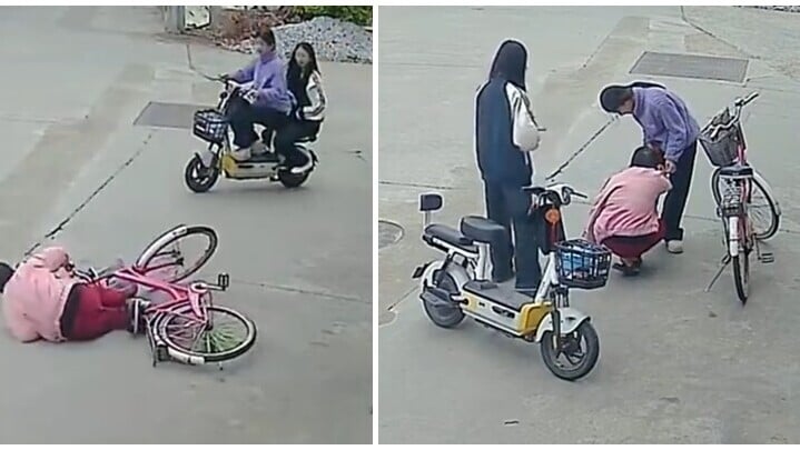 看到長者騎車摔倒要扶起來嗎？福建有兩名女初中生因好心做了這個動作，被索賠22萬元。（影片截圖）