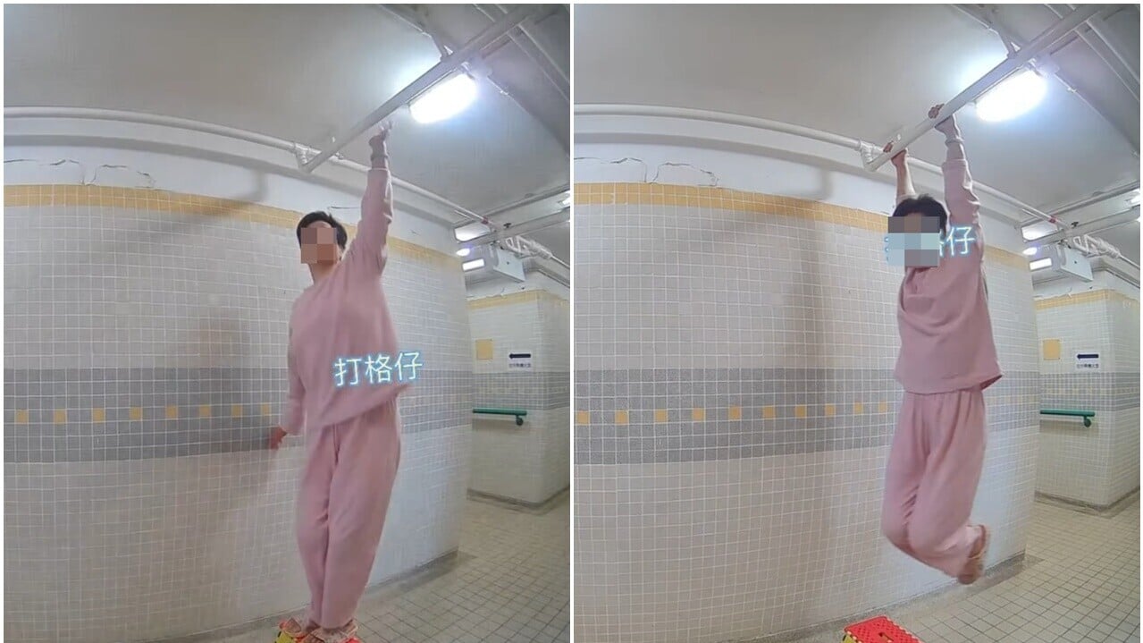 大媽走廊水管當單槓　凌晨瘋狂吊揈 街坊投訴無回音 (@threads/yyytt0102影片截圖)