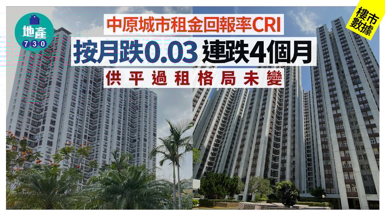 中原城市租金回報率CRI按月跌0.03 連跌4個月 供平過租格局未變｜樓市數據