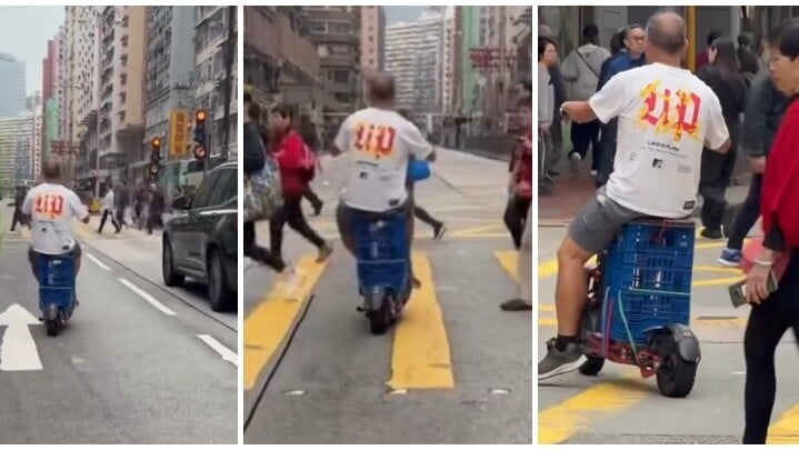一名男子在北角英皇道駕駛電動滑板車，「衝紅燈」在行人過馬路時穿插。(Threads)
