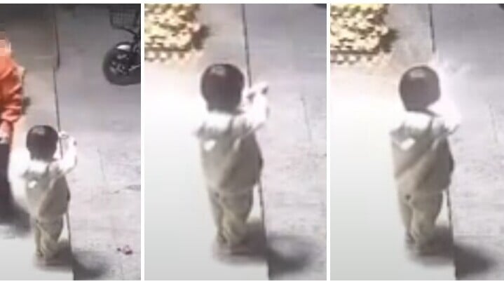 廣東母親帶着孩子玩一款毋須點火就有輕微爆炸效果的摔炮（又稱砂炮），母親轉身離開瞬間，孩子將摔炮當成糖果放進嘴裏爆炸(影片截圖)