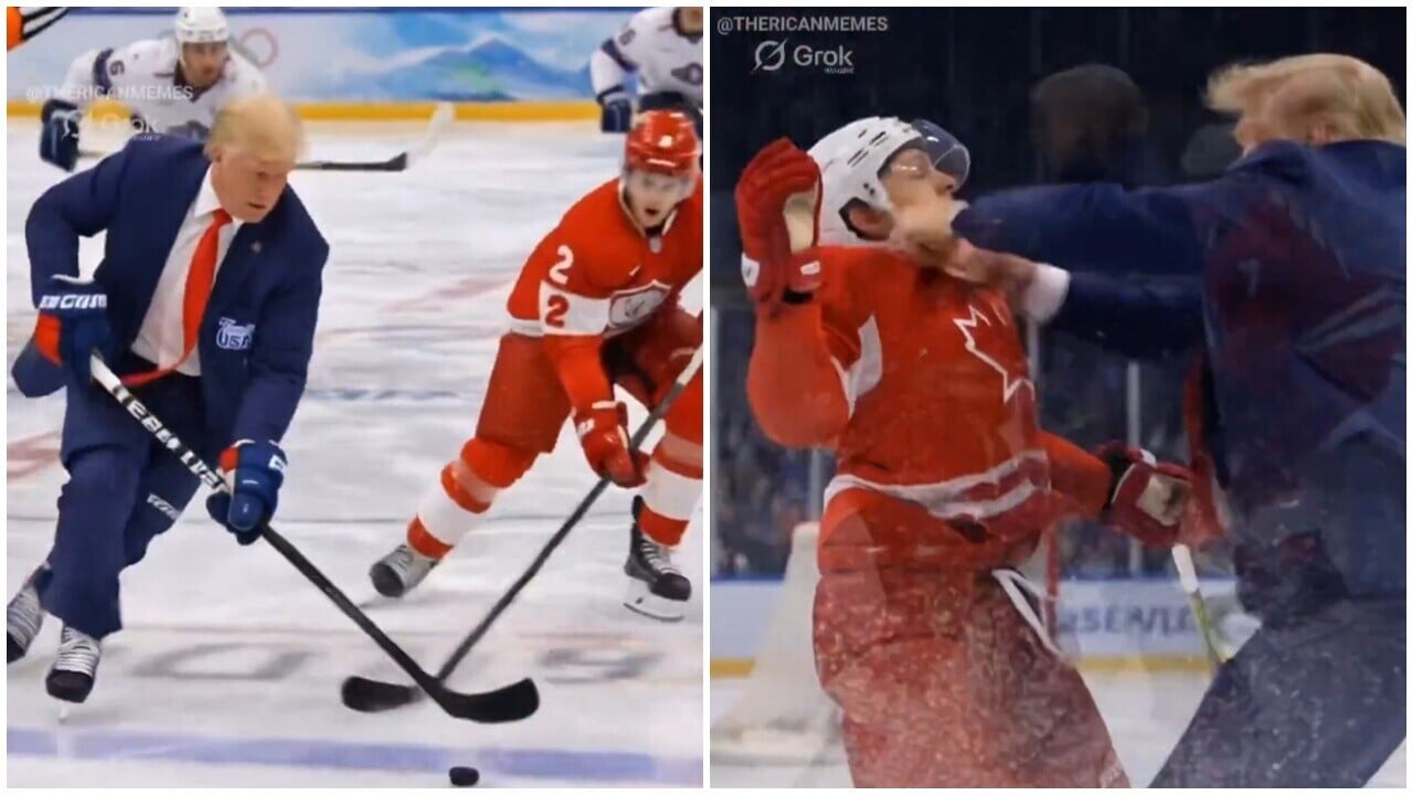 巴黎冬奧，特朗普發痛打加國冰球員AI片，慶祝美國隊奪金。(X)