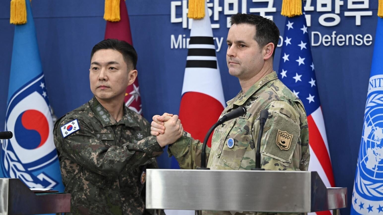 美韓25日「自由之盾」聯合軍事演習記者會。（圖／《路透社》）