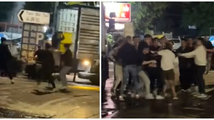元朗流浮山上演街頭混戰，十多人在海鮮漁村對開迴旋處聚集打鬥。(影片截圖)