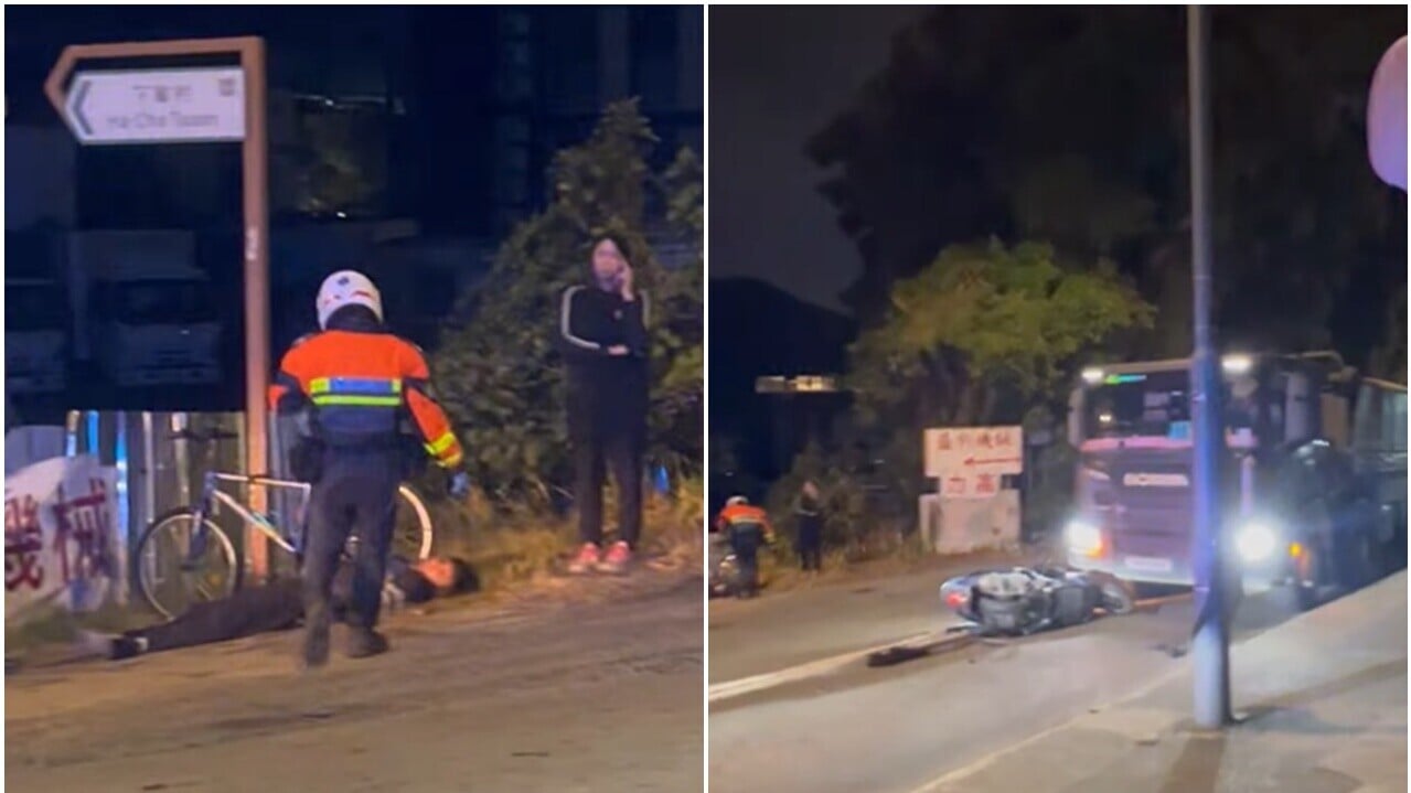 粉錦公路電單車與私家車相撞　鐵騎士險撞泥頭車倒臥路邊險 (@fb Ryan Cheuk)