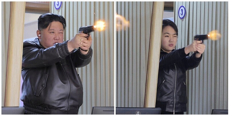 朝中社報道,北韓領袖金正恩與女兒金主愛視察軍工廠,並試射手槍。(路透社)