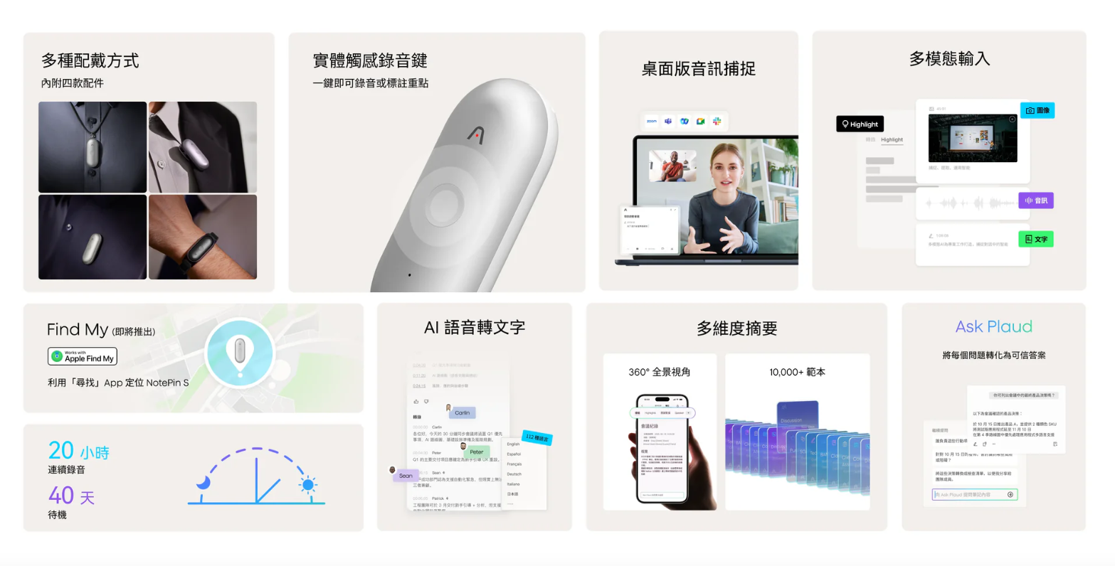 Plaud NotePin S重點一覽。
