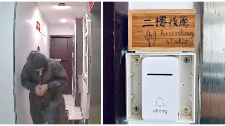 一名身穿雨褸赤腳男到「二樓後座」門前拆去門牌，掛上山寨門牌。（Facebook:Re:spect Music Magazine 紙談音樂影片截圖）