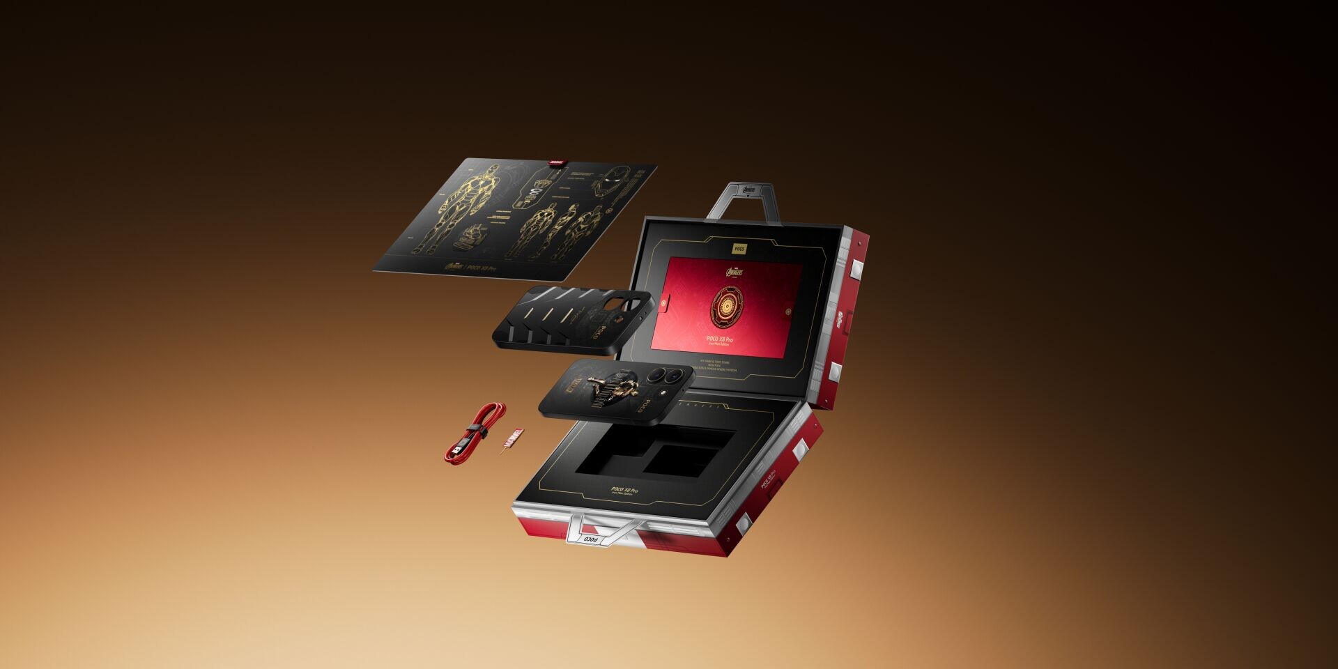 POCO X8 Pro Iron Man限定版內有特別精品及紅色充電線。