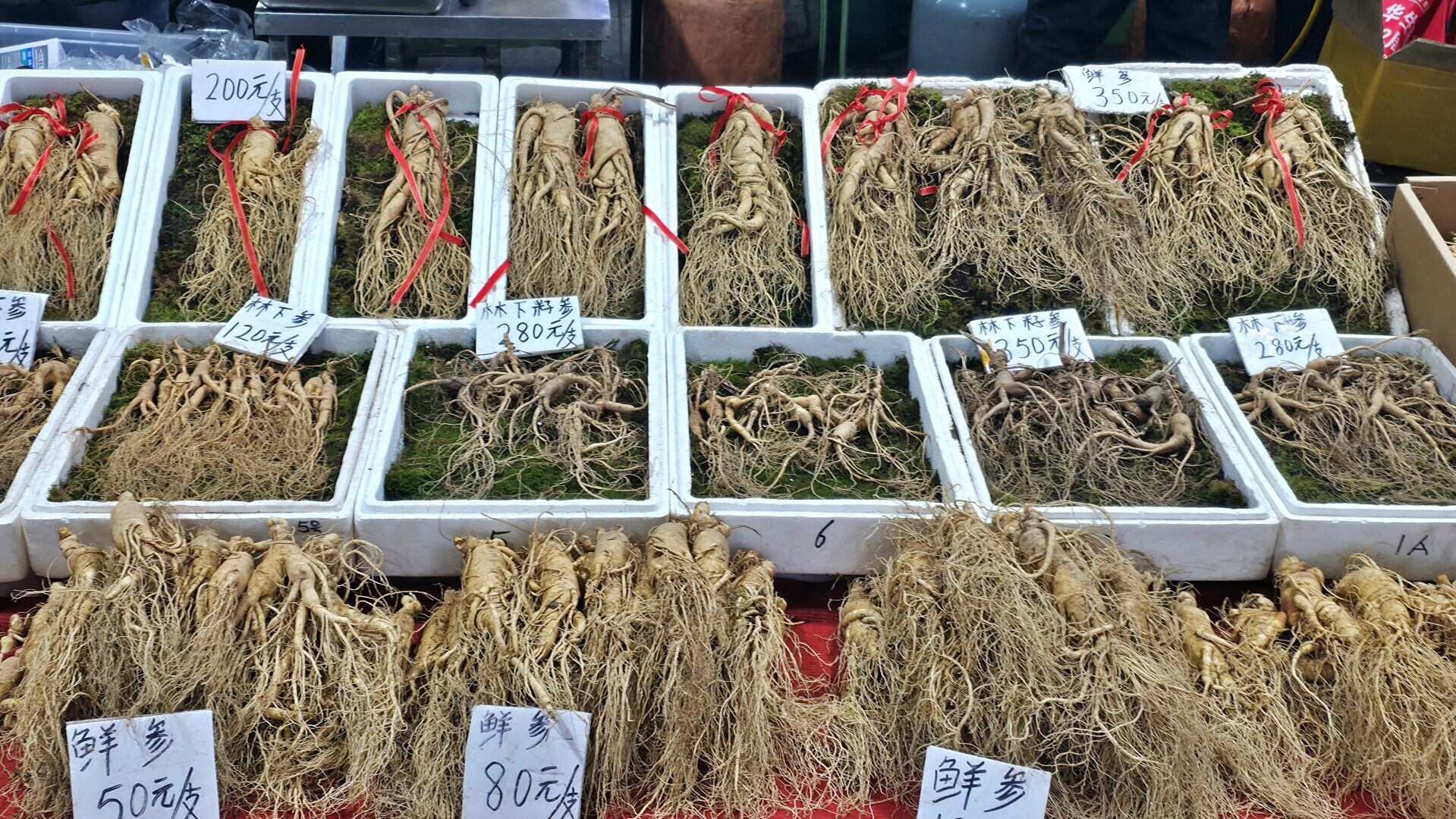 在水上早市賣人蔘就像賣菜一樣。